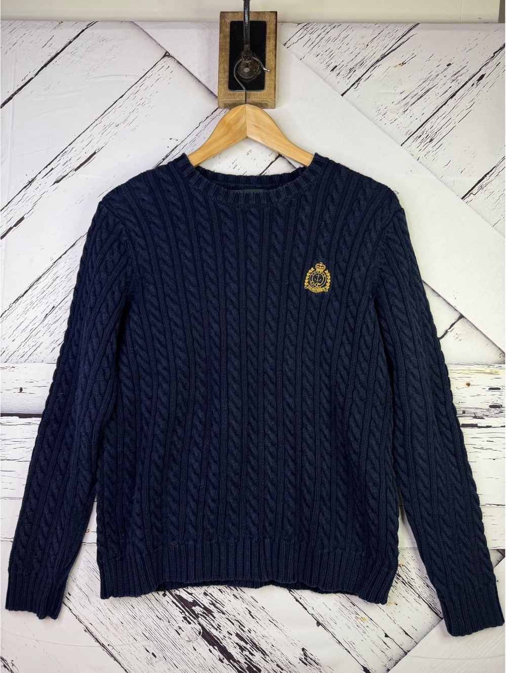 VTG Lauren Ralph Lauren Navy Cable Knit Academia Crest Sweater Australia Women S